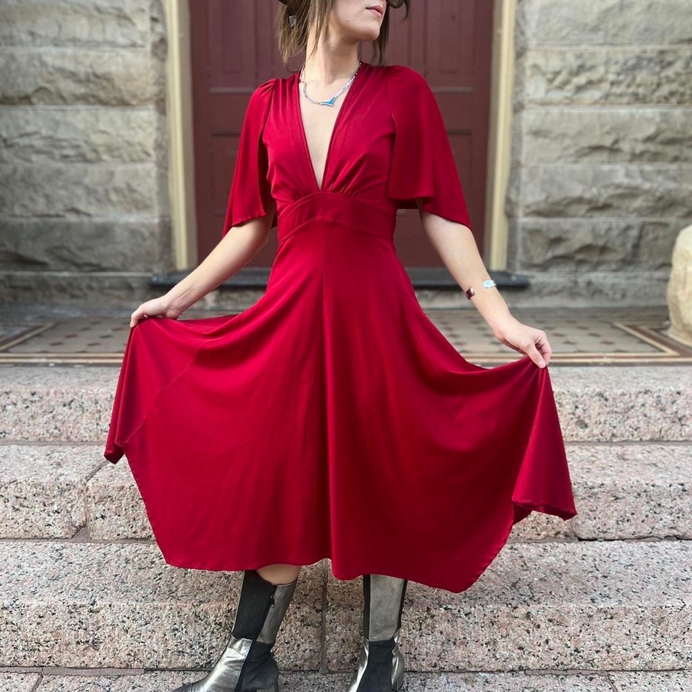 Vintage 70s Jody T of California Red Handkerchief Midi Dress